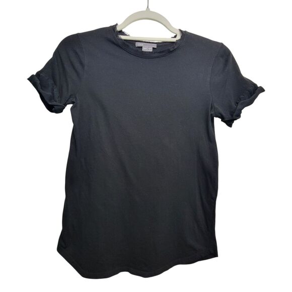 Vince Modern Black Raw Hem Neckline Mixed Material Cuffed Sleeve Tee XXS - Picture 1 of 7
